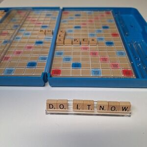 1970s Travel Blue Scrabble Game Words Plastic Wooden Tiny Small Complete
